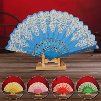 בציר בסגנון סיני פרח מודפס בדפוס משי קיפול מניפה מסיבת חתונה הבמה ריקוד היד מאוורר קישוט הבית מתנת מלאכה