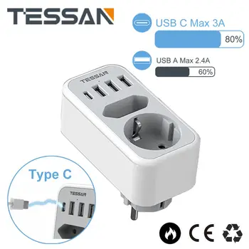 TESSAN האיחוד האירופי אנכי התקע לשקע חשמל מאריך עם AC שקעי יציאות USB מסוג C מתאם מתח הגנת עומס יתר עבור המשרד הביתי
