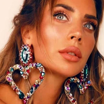 חדשות אופנה עגילי נשים גדול ההצהרה זרוק לב קריסטל תכשיטי יוקרה צבעוניים אבנים גדולות עגיל אביזרים