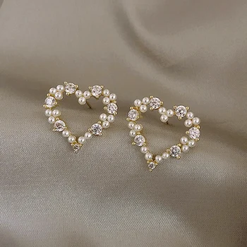 2023 אהבה חדשה פרל עגילים בצורת לב ריינסטון עגיל פנינה נשים נערת מסיבות אישיות המזג תכשיטים מתנה
