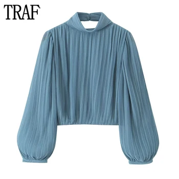 TRAF קפלים גזורה נשים כחול שיפון חולצה נשית ללא משענת הקיץ של נשים חולצות פאף שרוול חולצות וחולצות עבור נשים