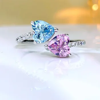 KOFSAC אופנה יוקרתי זירקון ורוד כחול בצורת לב טבעת פתוחה בגודל סטרלינג 925 תכשיטי כסף חדש, נוצץ טבעות לנשים