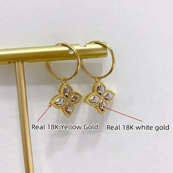 YUNLI אמיתי 18K זהב תלתן זרוק עגילים טהור AU750 בציר חישוק עגיל תכשיטים יפים עבור נשים