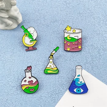 ניסוי מדעי הבקבוק מיקרוסקופ המיכל טפי יצירתי ניסוי כלי עיצוב מתכת אמייל סיכה סיכת תכשיט מתנה