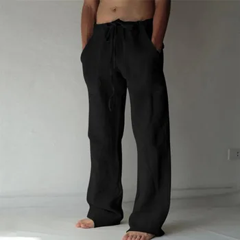 צבע מוצק כותנה פשתן גברים מכנסיים מינימליסטי בסיסי מזדמן שרוך המכנסיים רזה בתוספת גודל חופשי רגל ישרה שאיפה