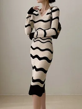אופנה חדשה עם פסים סרוגים שמלת סוודר נשים סתיו-High-End דק המזג ארוכה עם שרוולים שמלות נקבה בגדים