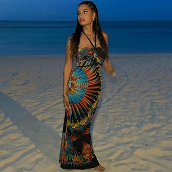 הדפסה מצולעים שמלת החוף של נשים בגד ים סקסי בנוי הקשר ירך שמלה שחור חיפוי-קימונו נשים ביקיני Beachwear 2023
