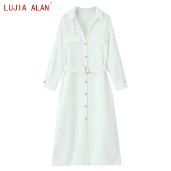 סתיו החדש של נשים כפתור מעוצב חגורה חולצה לבנה Midi שמלה נשית מזדמנים עם שרוולים ארוך רופף Vestidos LUJIA אלן WD3282