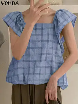 וונדה אלגנטי פרע מודפסות חולצות 2023 נשים קיץ משובץ החולצה בציר קצר פאף שרוול צווארון מרובע צמרות טוניקה Blusas