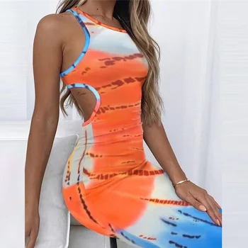 שמלה לנשים 2023 סקסי Bodycon סלים ללא משענת שרוולים O-צוואר עטוף היפ שמלות אופנה אופנת רחוב הדפסה השמלה Vestidos