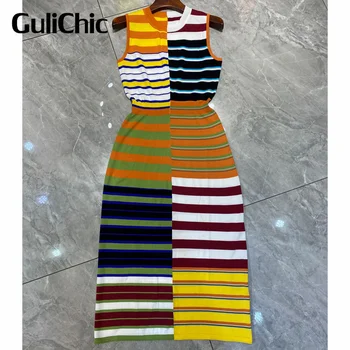 8.25 GuliChic סימטרית ניגודיות צבע פסים טלאים ללא שרוולים רזה חבילת היפ השמלה נשים