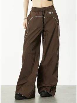 Deeptown Y2K Techwear חום מכנסי נשים רטרו אופנת רחוב גדול שחור מצנח מכנסיים רעיוני רחב הרגל טריינינג