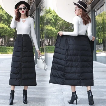 החורף של הנשים חצאיות 2023 חדש one-piece רוכסן באמצע החצאית הארוכה גבוהה המותניים כותנה חמה קו שחור חצאית בגדי נשים