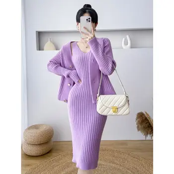 קוריאני סריגה 2 חתיכות להגדיר נשים סרוגים קלע שמלה + סוודר סוודר מקרית פשוטה משרד ליידי שמלות חליפת Outifits Q781