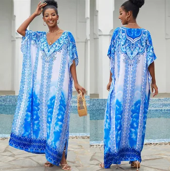 חופשי כחול בסגנון Kaftan שמלת החוף בקיץ הנשים צוואר V Beachwear כותנה טוניקה Oversize ביקיני חיפוי, חלוק דה פלאג ' סרונג