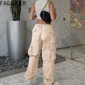 FAGADOER אופנה רחוב בחורה שווה בגדי נשים עם קו מותן גבוה כפתור ישר מכנסי ג 'ינס מקרית אלסטי ישר מכנסיים ג' ין