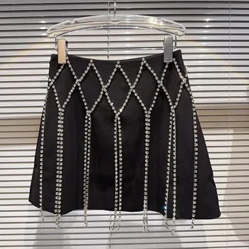 וויטני וואנג מעצב סגנון 2023 סתיו חורף אופנה אופנת רחוב היהלומים ציצית מתוק שכבות PU חצאית לנשים