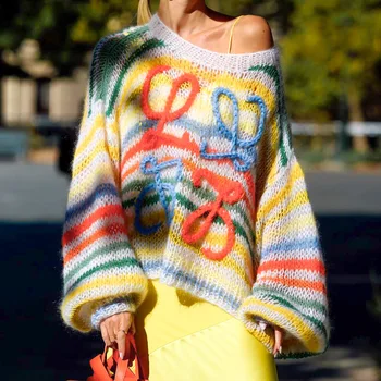 חדש בגדי נשים 2023 סתיו באינטרנט סלבריטאים אותו סגנון קשת ניגוד פסים הסוודר של נשים משוחרר סוודר סוודר