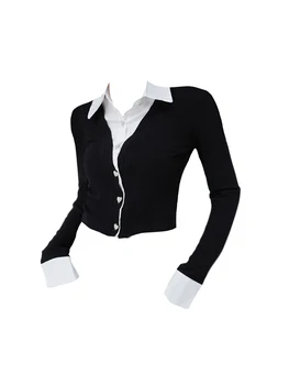 סתיו חורף החולצה נשים פאטאל פולו שרוול ארוך צווארון ליידי משרד מזדמן מזויף שני חלקים חולצות אלגנטית קוריאנית רחוב