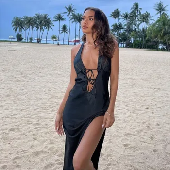 Pareos ו קימונו חוף נשים שמלת קיץ 2023 הסקסי החדש פתח חלול עם סלים אחד מוצק ספנדקס החלוק דה פלאג ' בגדי ים