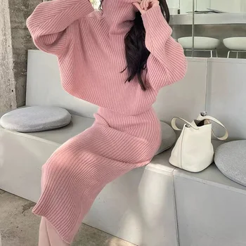 סגנון אלגנטי סוודר סוודר נשים 2023 חדש מוצק צבע גבוה צוואר השרוול הארוך בעדינות להחליק שמלה סרוגה מעיל שני חלקים חליפה