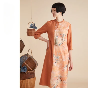Cheongsam שיפור תפוזים ישר נמוך שסף סיני חדש של נשים קיץ חדשות תפירה רקמה על פשתן רטרו סגנון שמלה מזדמן