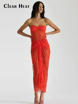סקסי תחרה לראות דרך סטרפלס שמלה לנשים ללא משענת שרוולים Bodycon Midi גלימות אופנה הקיץ מסיבת מועדון Vestidos 2023