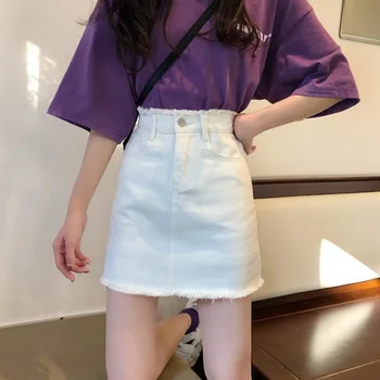 לבן ג ' ינס חצאית אופנה קוריאנית גבוהה המותניים ילדה חצאית קצרה הקיץ המגוונים במכללה בסגנון חצאית מיני Y2k בגדי נשים
