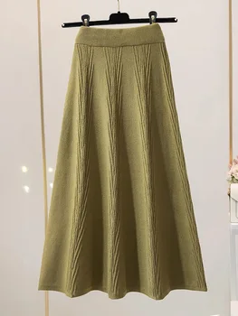 מוצק אקארד לסרוג חצאית לנשים 2023 סתיו חורף עבה חם קוריאנית קו גדול שולי גבוה המותניים Midi החצאית הארוכה נקבה ירוקה