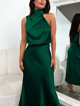 סאטן משי שמלות ארוכות סקסי ערב מפלגת הירוקים שרוולים כתף Bodycon אלגנטי שמלות מקסי לנשים 2023 הקיץ החתונה