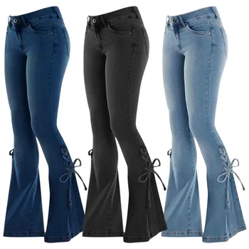 מכנסי ג 'ינס לנשים ג' ינס בל תחתון תחרה התלקח המכנסיים באמצע המותן מכנסיים נשים מכנסיים, אמריקן וינטג ' אופנת רחוב Y2k
