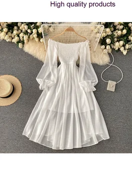 קיץ נשים צרפתי אלגנטי נופש ארוך פאף שרוול קו נטוי הצוואר מן הכתף Smocked לבן שמלות שיפון