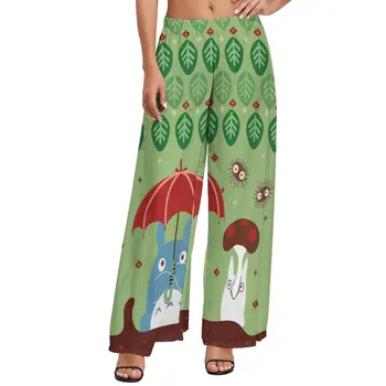 חמוד טוטורו מכנסיים נשים עלים ירוקים הדפסה סגנון רחוב מכנסיים אלסטיים במותניים מזדמן רחב מכנסיים רעיון מתנה