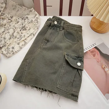 לראשונה חצאית ג 'ינס ספארי גבוהה המותניים וינטג' קו חצאיות כיס סדיר חצאית מיני אופנת רחוב קוריאני סגנון קיץ הקב 