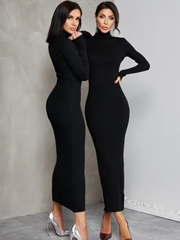 אלגנטי חצי צווארון גבוה אמצע שוק שחור שמלות לנשים 2023 סתיו נשים שרוול ארוך Bodycon מצולעים משרד שמלת אופנת רחוב