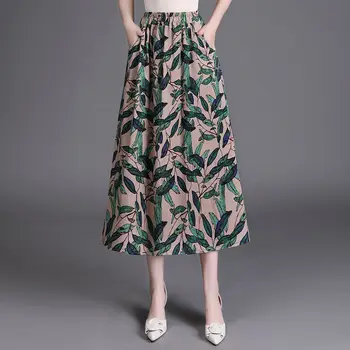 חצאיות נשים קו אופנה האביב להדפיס כל-התאמה ארוך בסגנון האימפריה רטרו מזדמן Faldas Harajuku פשוט אלסטי המותניים בציר