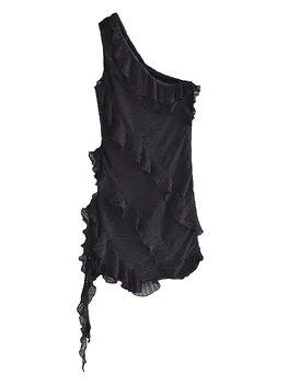 TRAF 2023 קיץ אופנה חדשה אלגנטי רחוב בסגנון סקסי מחוץ כתף סימטרית עם קפלים שחורה ללא משענת מיני סלים שמלה