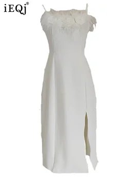 IEQJ משולבים פרח נוצות פיצול קלע שמלות עבור נשים אלגנטי קו גבוהה המותניים רזה לבוש רשמי 2023 בגדים חדשים 3WQ7657