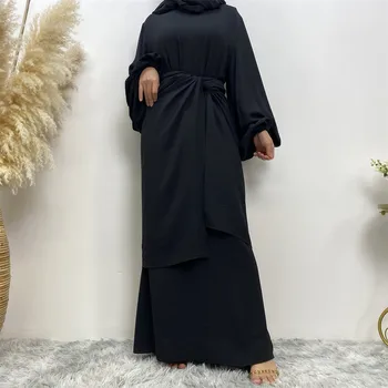 נשים אלגנטי המוסלמים שמלת החולצה קמטים קרפ ארוך שרוול גלימה אסלאמית בגדים מזדמנים חגור Jilbab שמלת קיץ 2023
