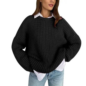 נשים הסתיו-חורף החדשה מקרית חופשי הלבשה עליונה סוודר צוואר עגול שרוול ארוך סוודר סרוג
