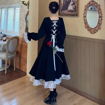 הסתיו החדש תחרה טלאים שחור שמלות לנשים מסיבת רטרו גודל גדול שרוכים ארוכים שמלה אלגנטית פרח שרוול Vestidos Feminnio