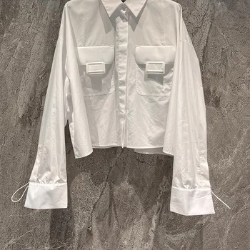 23 נשים טהור כותנה חולצות לבנות אלגנטי דש שרוול ארוך שיק כיסים מזדמן החולצה המסלול מעצב ליידי האופנה משרד מקסימום