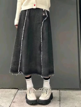 סתיו סגנון קוריאני אופנה חצאית נשים מוצק כפתור מתוק סיבתי Midi החצאית הנשית ציצית מעצב בציר ג ' ינס חצאית 2023 חדש