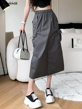 חצאיות נשים ספארי סגנון שרוך כיסים הקיץ גבוהה המותניים שסף כל-התאמת סגנון אירופאי אופנת רחוב אמצע שוק קו Faldas