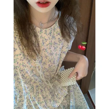 קוריאני פרחוני שמלת נשים פאף שרוול קצר צווארון עגול אלגנטי עם קו מותן גבוה קו שמלות מזדמנים קט Slim Fit הקיץ