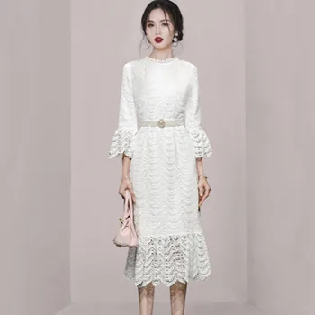 סתיו נשים 2023 שמלה חדשה מזג לבן שבע נקודות שרוול סלים חלול החוצה מסיסים במים פרח שמלת תחרה Vestidos