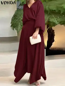 וונדה בציר שמלה קבוצות נשים סתיו ארוך שרוול 2pcs 2023 האופנה V-צוואר מקרית מוצק צבע רופף גג+ חצאיות, אלגנטי ערכות