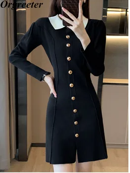 הפבורן סגנון שחור שמלת מיני עבור נשים 2023 סתיו אופנה חדשה דש שרוול ארוך חד-breatsed קרדיגן סרוג השמלה
