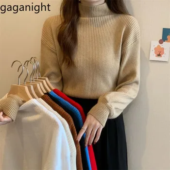 Gaganight נשים מוצק צבע חצי צוואר גבוה סרגה סוודר סתיו 2023 קוריאנית שיק סוודר סוודר יפנית בסגנון רטרו העליון