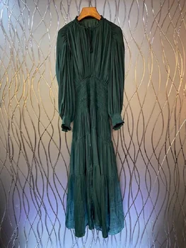 חדש 2023 סתיו שמלה ארוכה איכות גבוהה של נשים V-Neck אלסטי המותניים שרוול ארוך אלגנטי מסיבת ירוק שמלת מקסי Vestidos לונגו